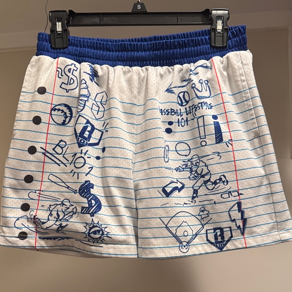 Notebook Print Baseball Shorts in White & Blue